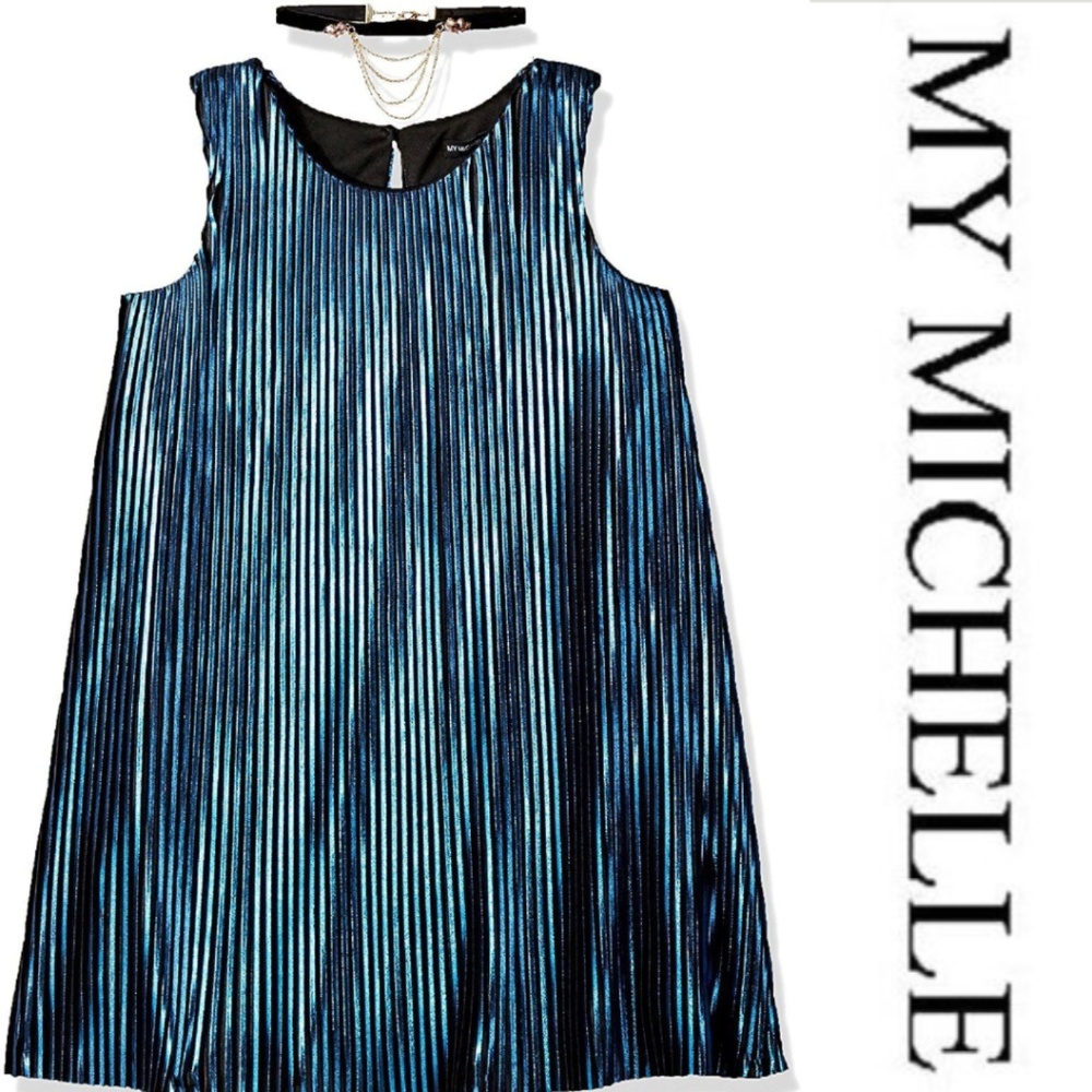 My Michelle Girls Metallic Pleated‎ Choker Swing Dress Blue size 14 NWT